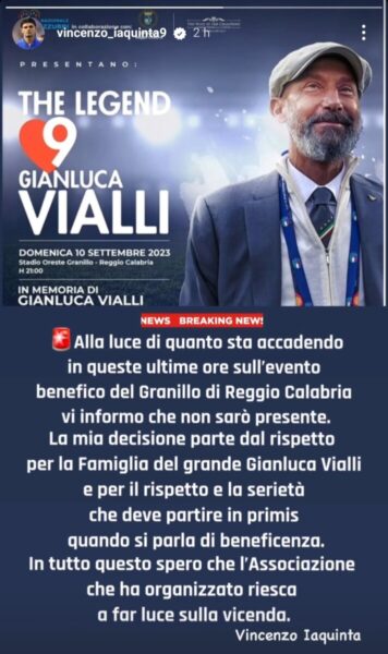 Reggio Calabria, anche Iaquinta non parteciperà a The Legend Gianluca Vialli