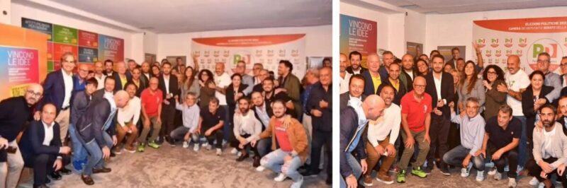 La foto originale all'evento del Pd, e a fianco la foto pubblicata da Nicola Irto