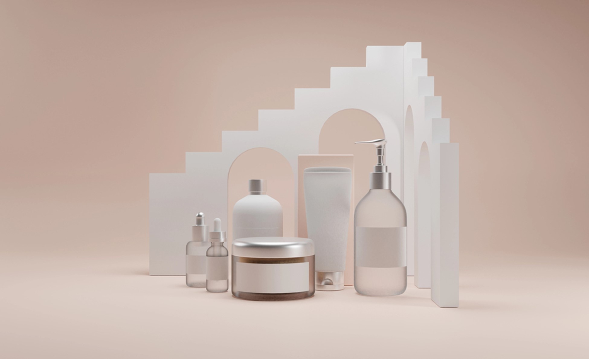 Mockup di prodotti cosmetici e geometrici con sfondo per la presentazione della cosmetica